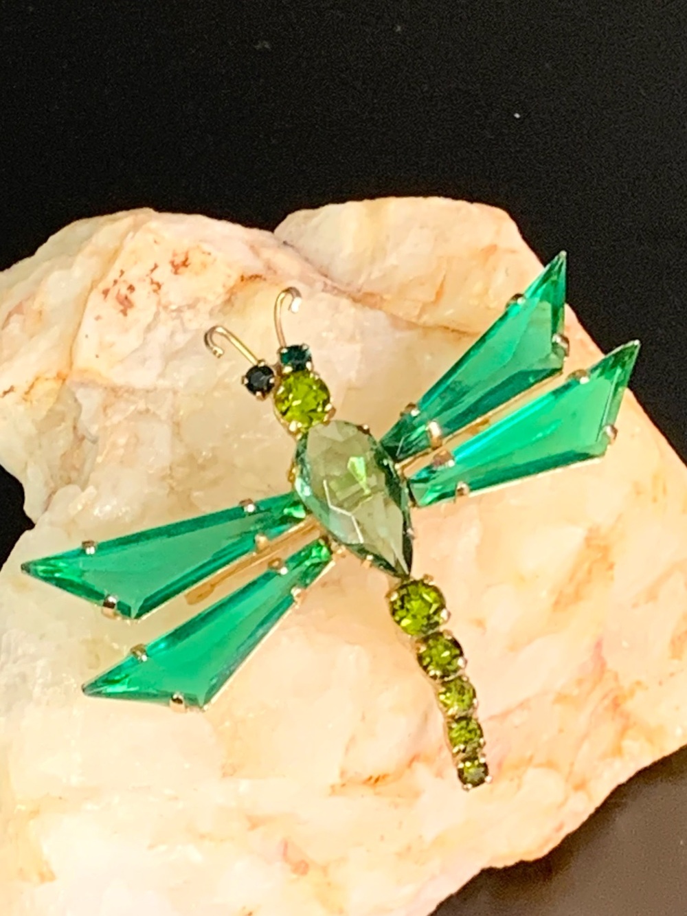 Gorgeous Vintage Art Deco Gold Plated Emerald Green and Peridot Dragonfly Brooc
